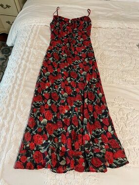 Commense Black Midi Dress with Red Roses Spaghetti Straps and Lined